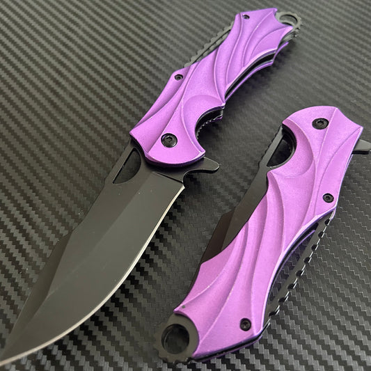 ElitEdge 8.5” Purple Military Tactical Cool Knife Spring Assisted Open Blade Folding Pocket knife. Hunting, Camping, Cute Knife. Cool Knives