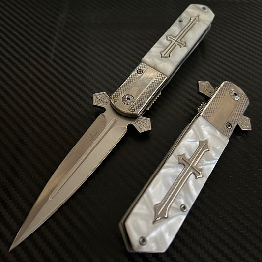 BladeDealUSA 9” Pearl Cross Cute Knife Spring Assisted Open Blade Folding Pocket Knife. Hunting, Camping, Cute Knife. Cool Knife