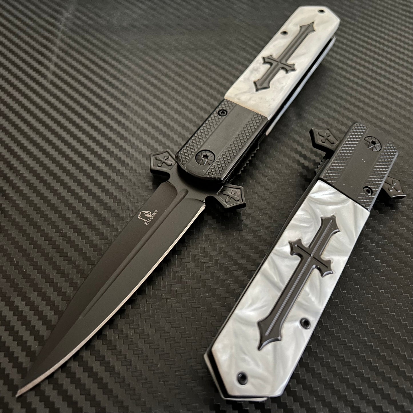BladeDealUSA  9” Black Pearl Cross Cute Knife Spring Assisted Open Blade Folding Pocket Knife. Hunting, Camping, Cute Knife. Cool Knife