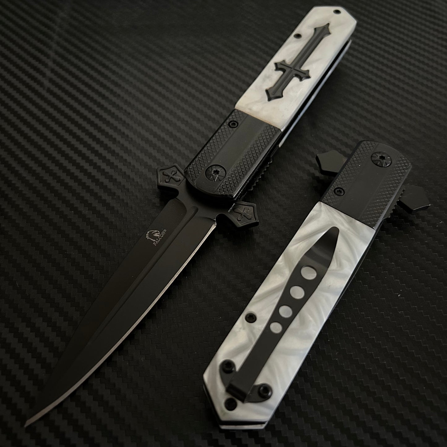 BladeDealUSA  9” Black Pearl Cross Cute Knife Spring Assisted Open Blade Folding Pocket Knife. Hunting, Camping, Cute Knife. Cool Knife
