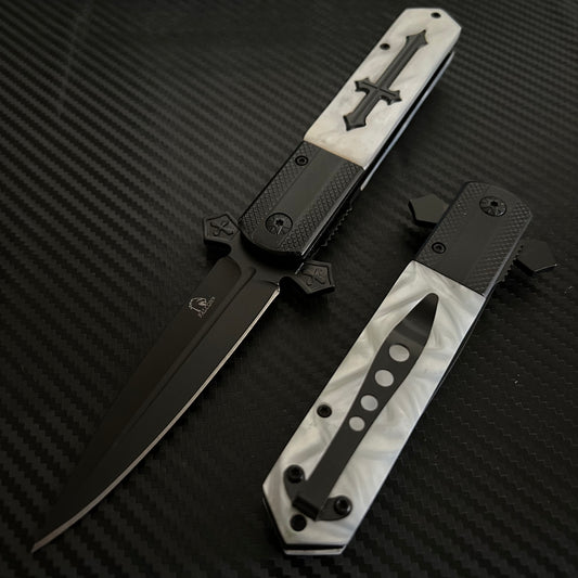 BladeDealUSA  9” Black Pearl Cross Cute Knife Spring Assisted Open Blade Folding Pocket Knife. Hunting, Camping, Cute Knife. Cool Knife
