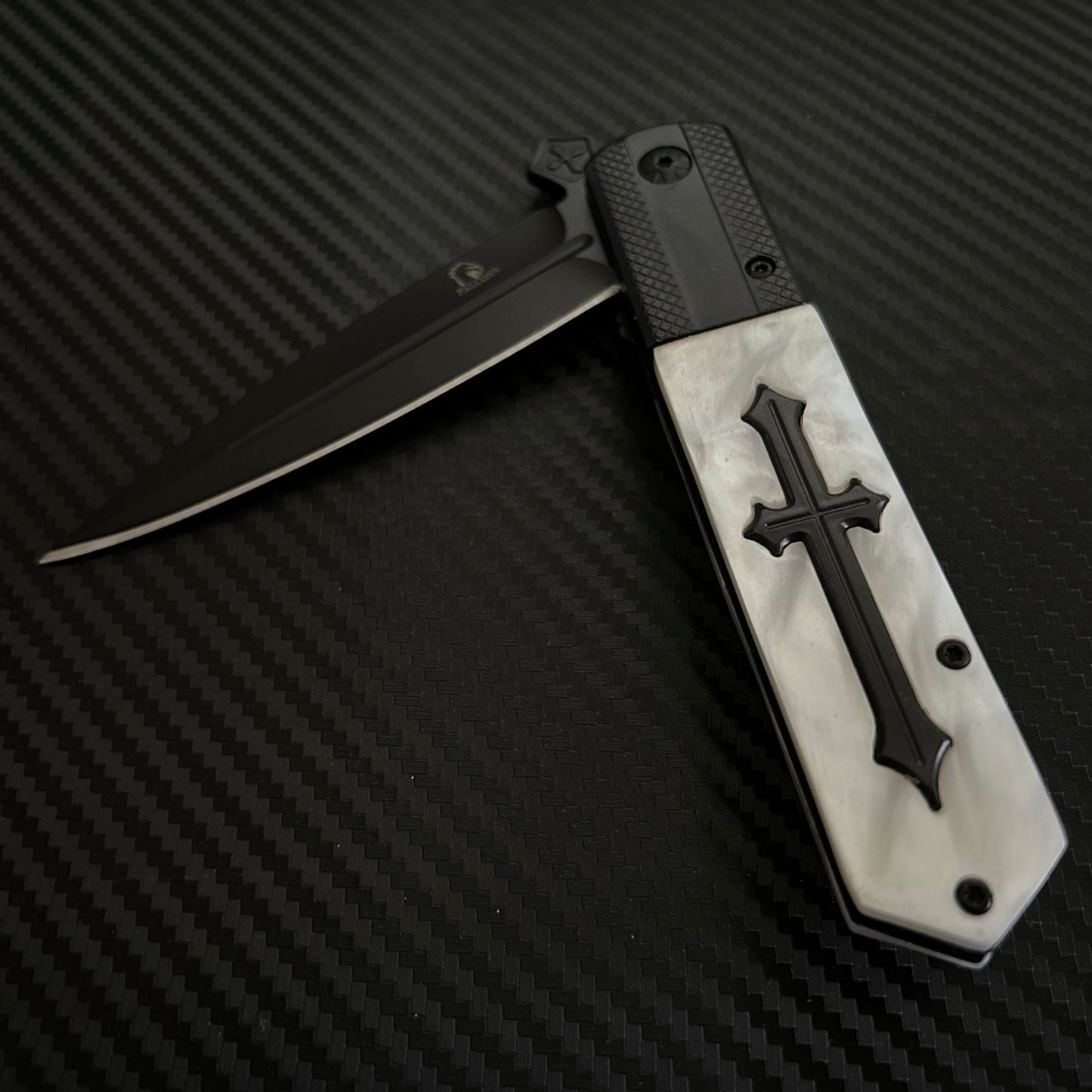 BladeDealUSA  9” Black Pearl Cross Cute Knife Spring Assisted Open Blade Folding Pocket Knife. Hunting, Camping, Cute Knife. Cool Knife