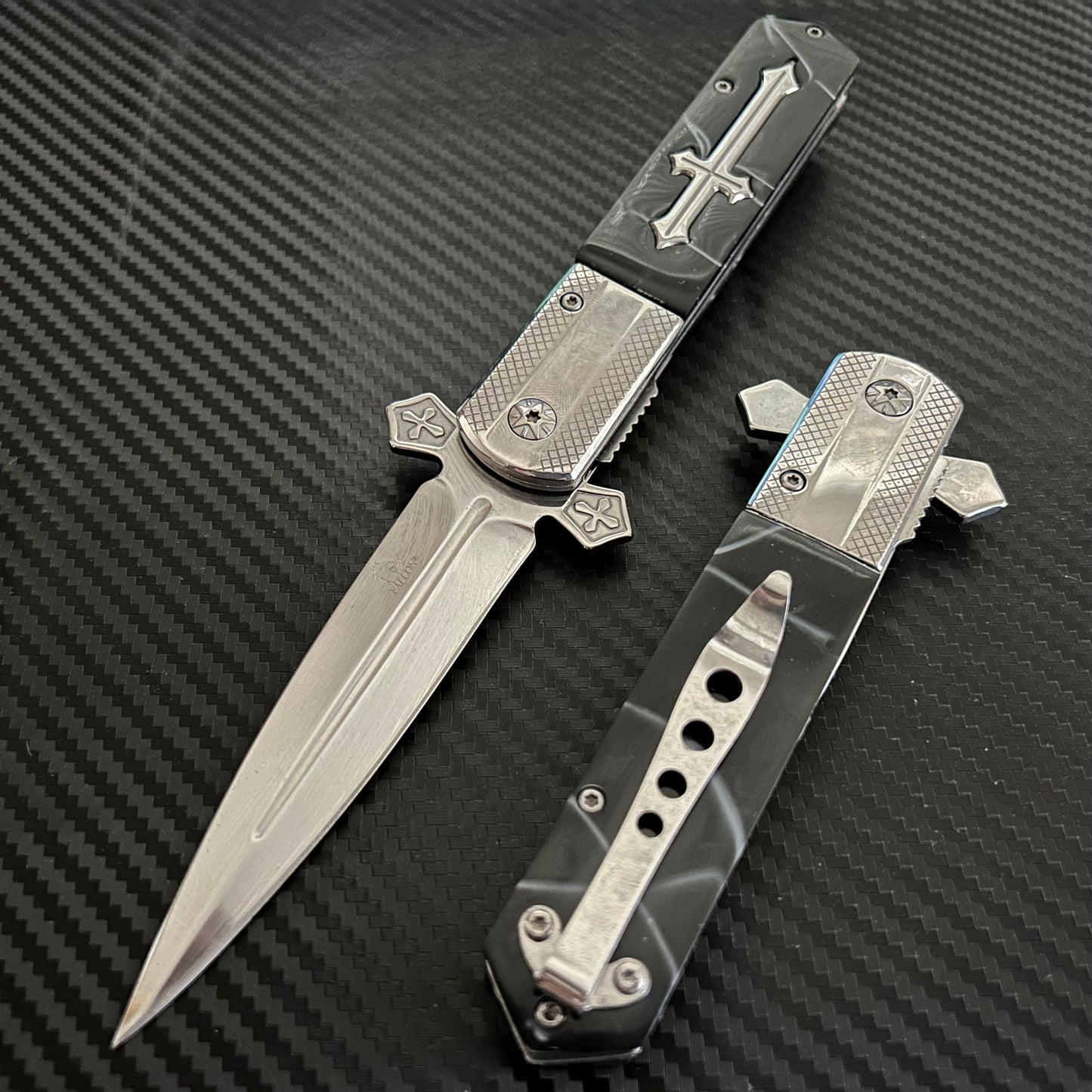 BladeDealUSA  9” Black Marble Cross Cute Knife Spring Assisted Open Blade Folding Pocket Knife. Hunting, Camping, Cute Knife. Cool Knife