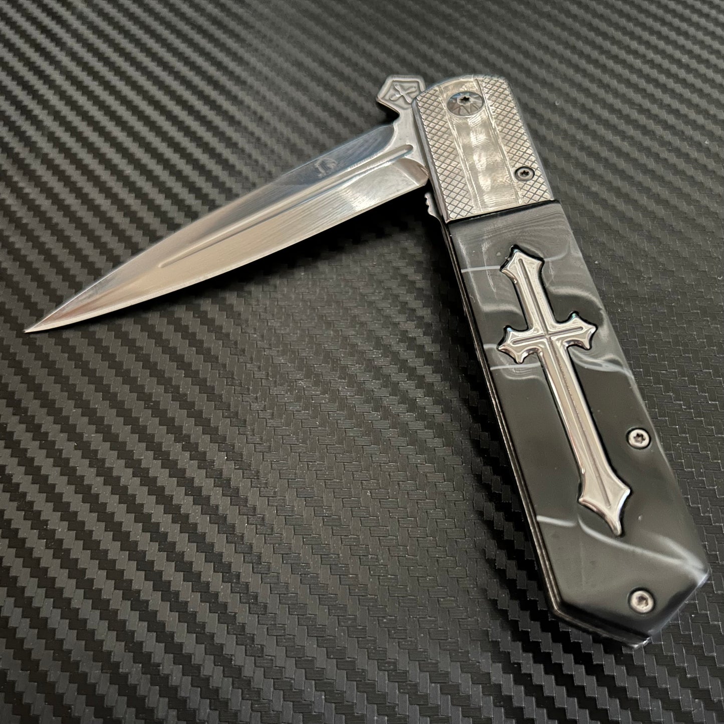 BladeDealUSA  9” Black Marble Cross Cute Knife Spring Assisted Open Blade Folding Pocket Knife. Hunting, Camping, Cute Knife. Cool Knife