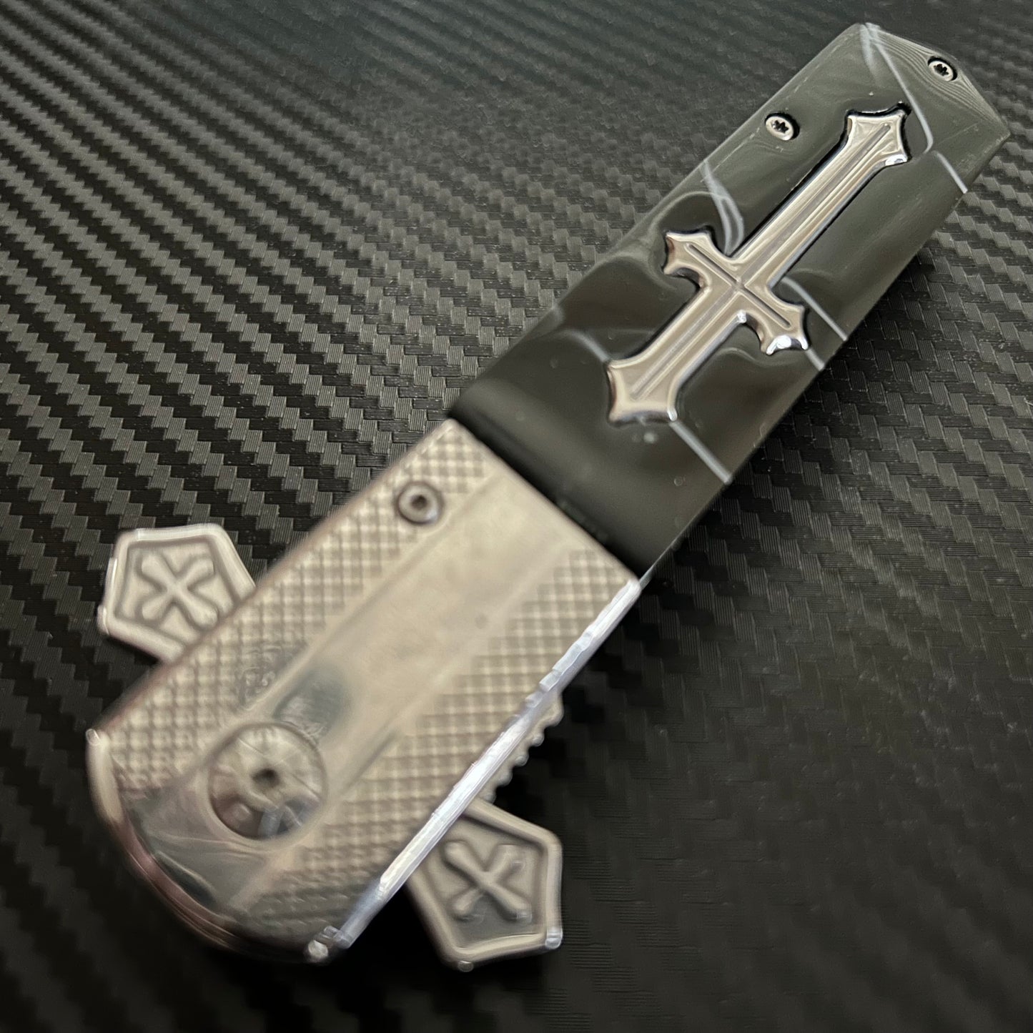 BladeDealUSA  9” Black Marble Cross Cute Knife Spring Assisted Open Blade Folding Pocket Knife. Hunting, Camping, Cute Knife. Cool Knife