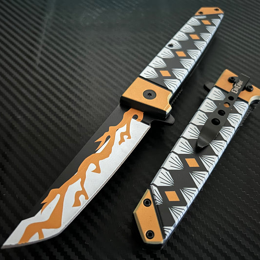 ElitEdge 9” Cute Yellow Flame Mini Katana Spring Assisted Open Blade Folding Pocket Knife Hunting Cool Knife