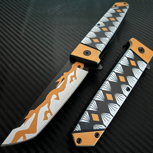 ElitEdge 9” Cute Yellow Flame Mini Katana Spring Assisted Open Blade Folding Pocket Knife Hunting Cool Knife