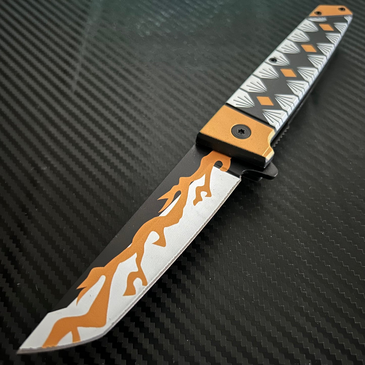 ElitEdge 9” Cute Yellow Flame Mini Katana Spring Assisted Open Blade Folding Pocket Knife Hunting Cool Knife