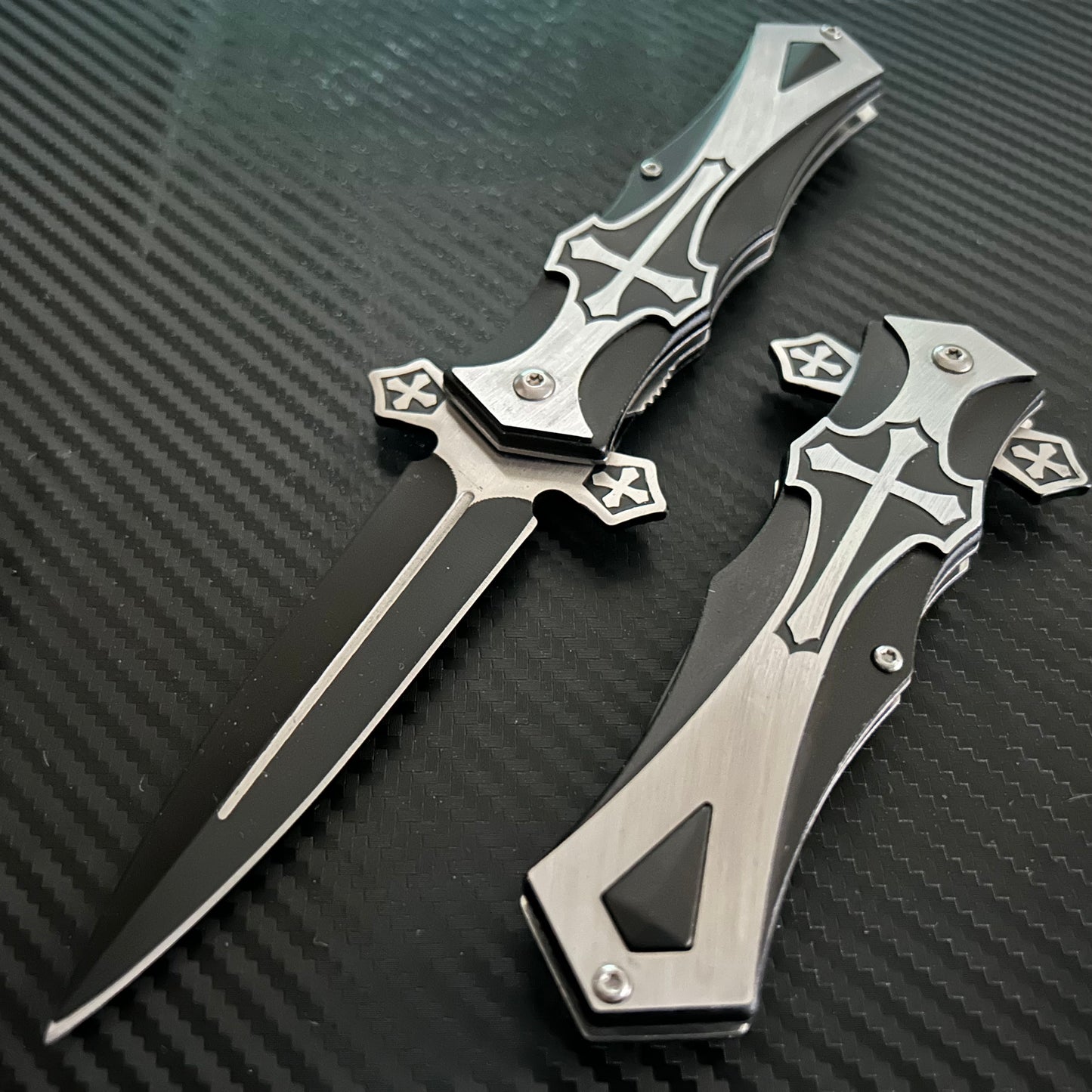 BladeDealUSA  9” Black Marble Cross Cute Knife Spring Assisted Open Blade Folding Pocket Knife. Hunting, Camping, Cute Knife. Cool Knife