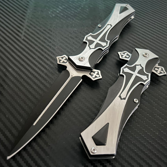 BladeDealUSA  9” Black Marble Cross Cute Knife Spring Assisted Open Blade Folding Pocket Knife. Hunting, Camping, Cute Knife. Cool Knife