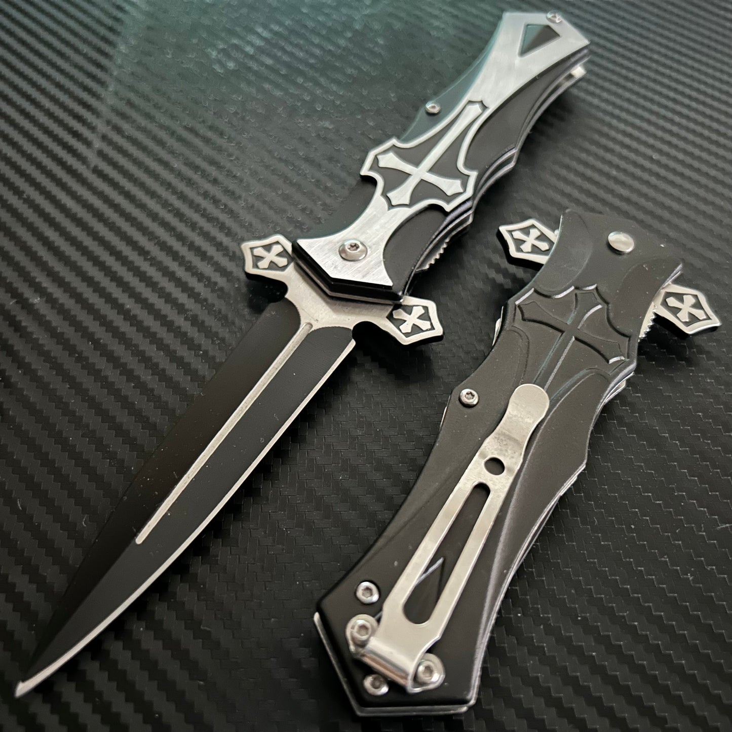 BladeDealUSA  9” Black Marble Cross Cute Knife Spring Assisted Open Blade Folding Pocket Knife. Hunting, Camping, Cute Knife. Cool Knife