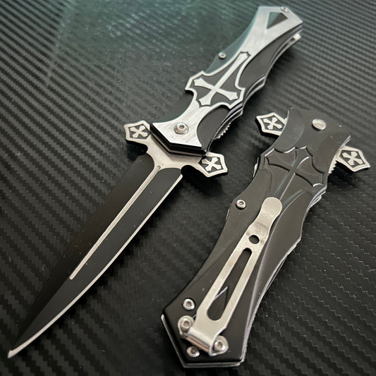 BladeDealUSA  9” Black Marble Cross Cute Knife Spring Assisted Open Blade Folding Pocket Knife. Hunting, Camping, Cute Knife. Cool Knife