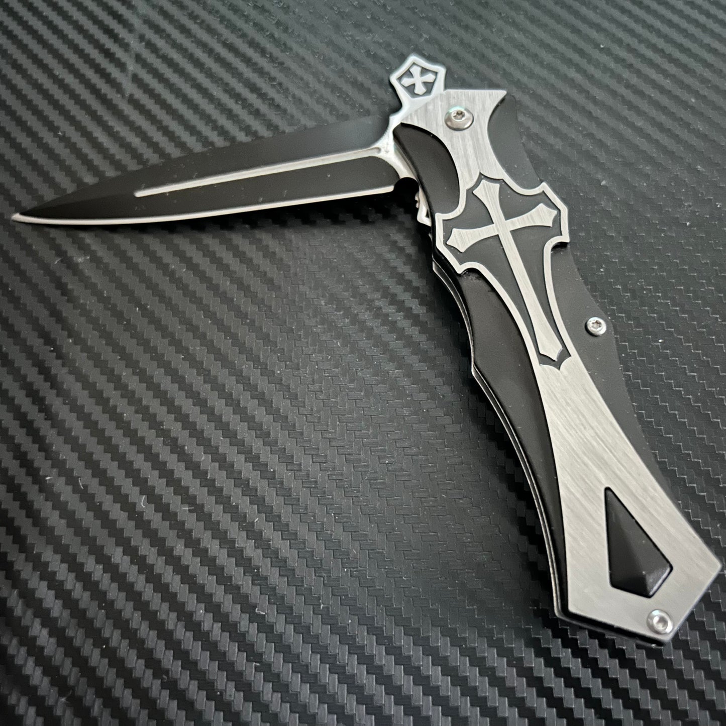 BladeDealUSA  9” Black Marble Cross Cute Knife Spring Assisted Open Blade Folding Pocket Knife. Hunting, Camping, Cute Knife. Cool Knife