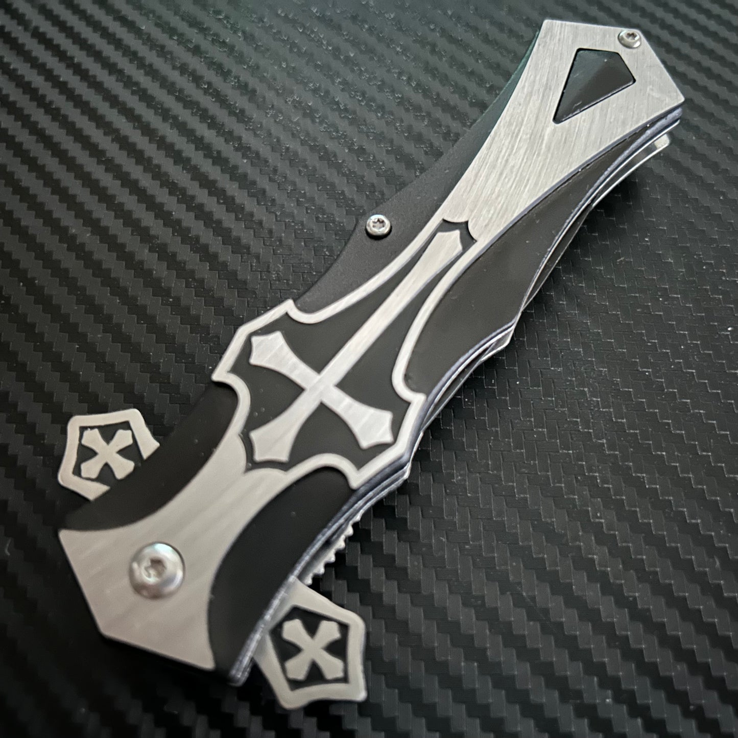 BladeDealUSA  9” Black Marble Cross Cute Knife Spring Assisted Open Blade Folding Pocket Knife. Hunting, Camping, Cute Knife. Cool Knife