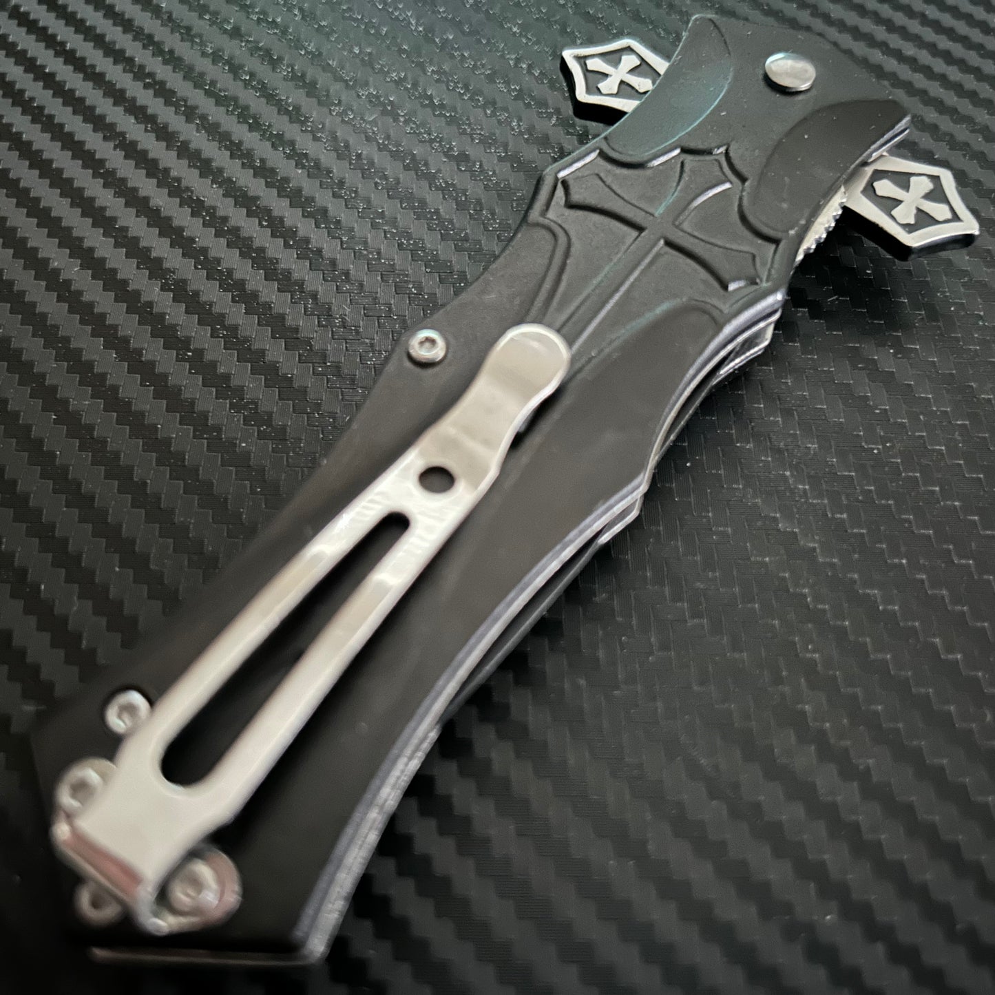 BladeDealUSA  9” Black Marble Cross Cute Knife Spring Assisted Open Blade Folding Pocket Knife. Hunting, Camping, Cute Knife. Cool Knife