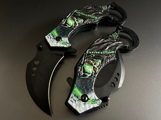 ElitEdge 7” Green Skull Grim Reaper Tactical Claw Karambit Assisted Open Folding Pocket Knife. Cool Knife, Cute Knife, Pocket Knives, Pretty Knife