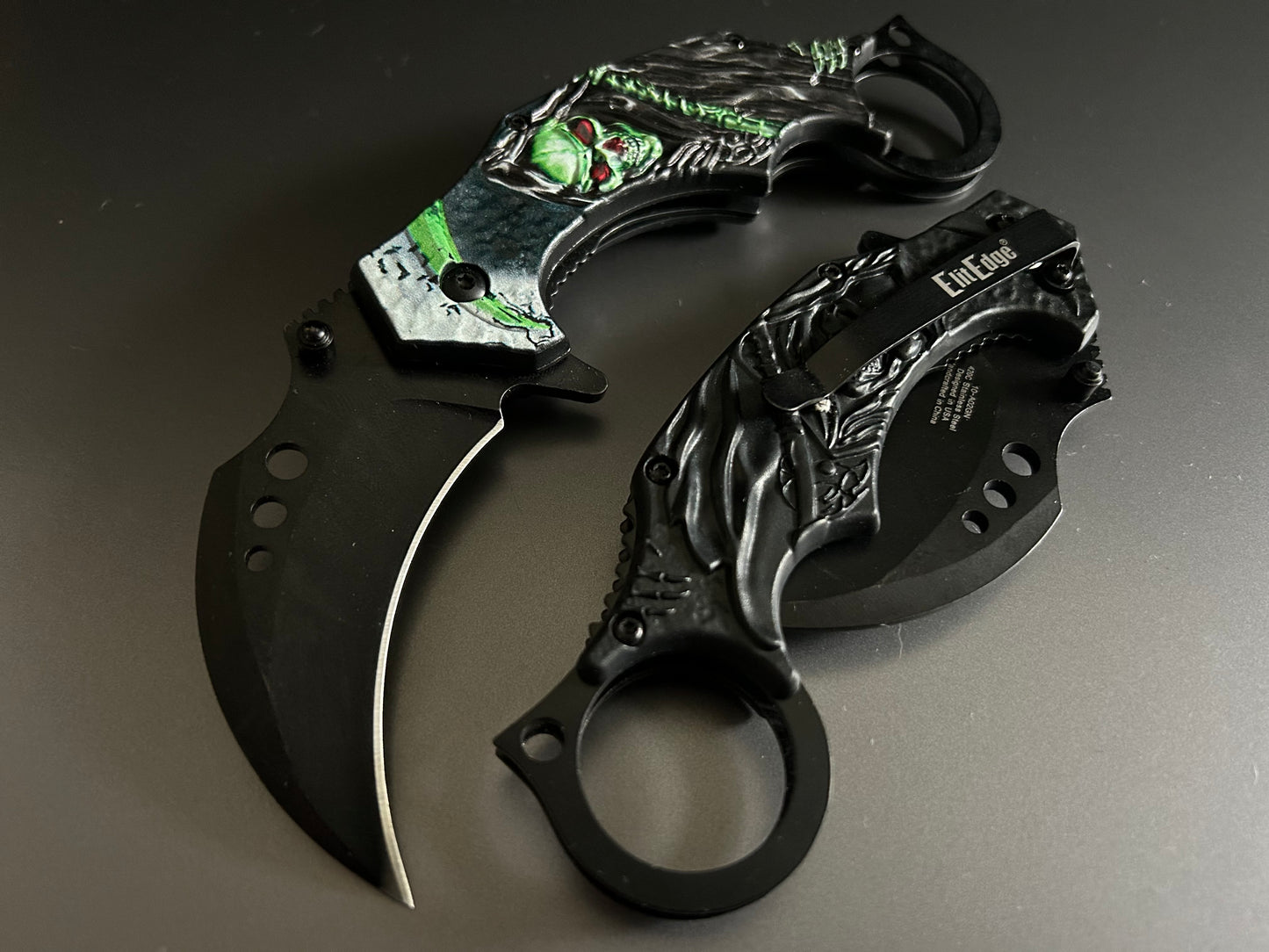 ElitEdge 7” Green Skull Grim Reaper Tactical Claw Karambit Assisted Open Folding Pocket Knife. Cool Knife, Cute Knife, Pocket Knives, Pretty Knife