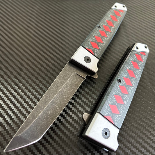 ElitEdge 9” Cute Black Red Mini Katana Spring Assisted Open Blade Folding Pocket Knife Hunting Cool Knife