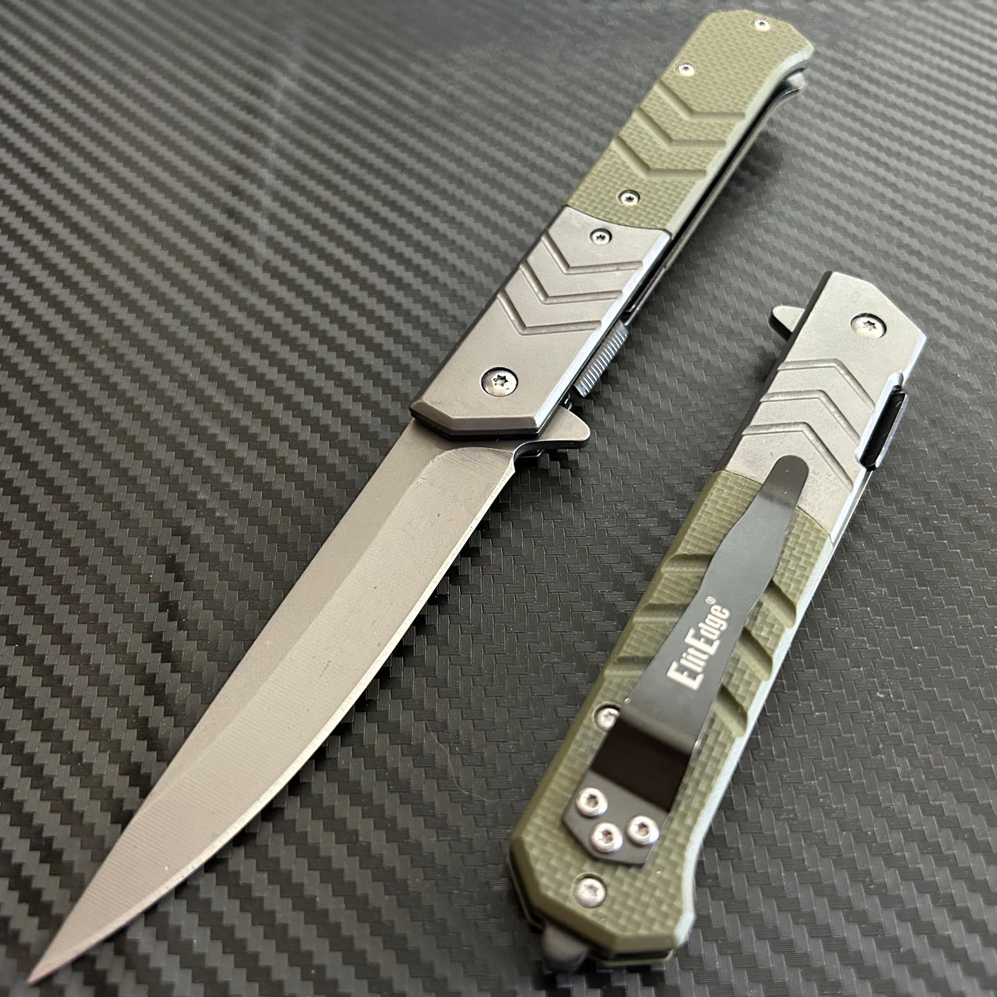 ElitEdge 9” Military Collection G10 Green Handle Spring Assisted Folding Pocket Knife
