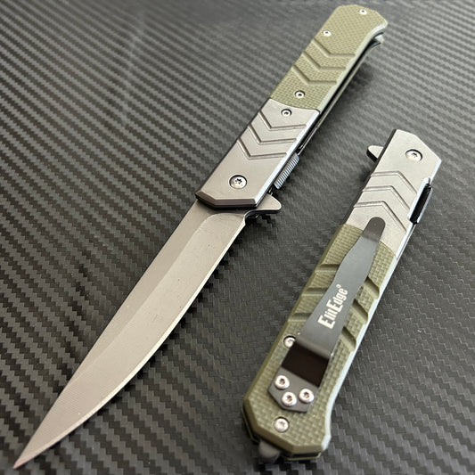 ElitEdge 9” Military Collection G10 Green Handle Spring Assisted Folding Pocket Knife