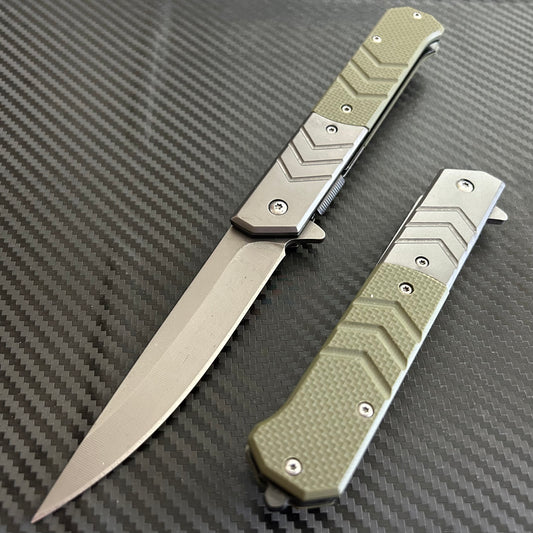 ElitEdge 9” Military Collection G10 Green Handle Spring Assisted Folding Pocket Knife