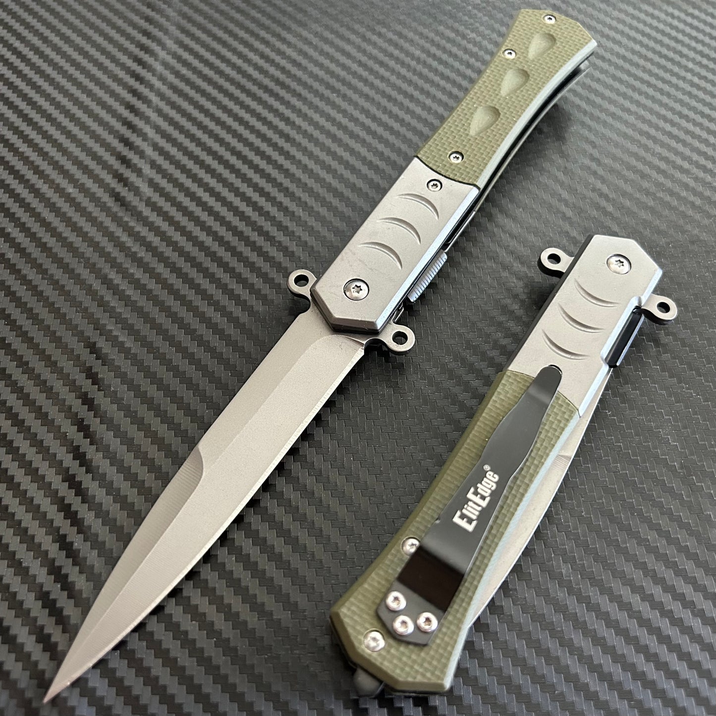 ElitEdge 9” Military Collection G10 Green Handle Spring Assisted Folding Pocket Knife
