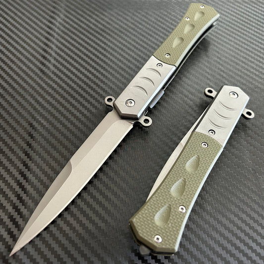 ElitEdge 9” Military Collection G10 Green Handle Spring Assisted Folding Pocket Knife