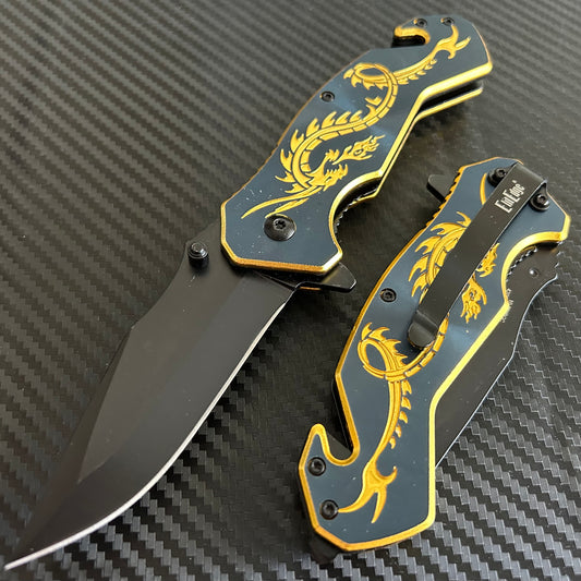 ElitEdge 8” Gold Dragon Mini Cute Knife Spring Assisted Open Blade Folding Pocket Knife. Hunting, Camping, Cute Knife. Cool Knife