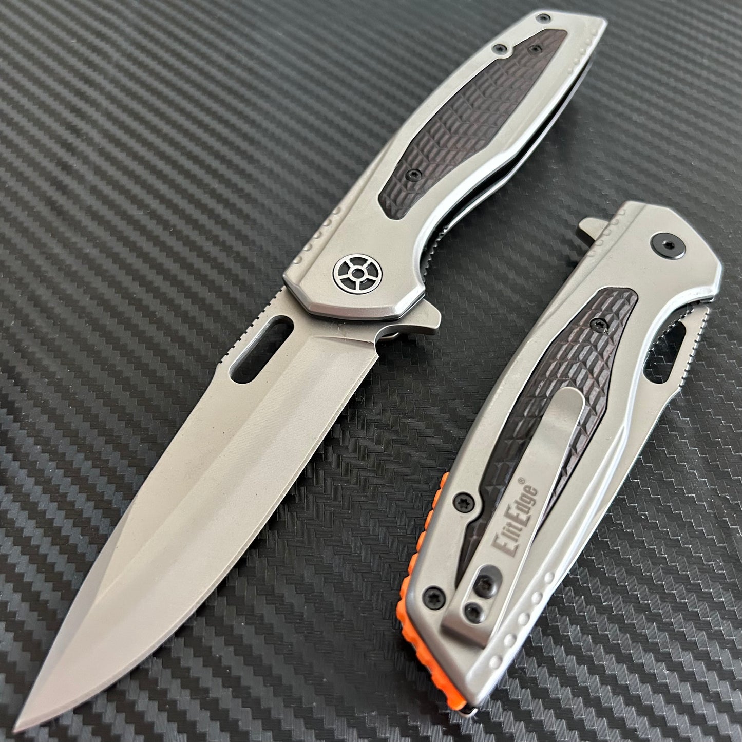 ElitEdge 8.5” Black Military Tactical Cool Knife Ball Bearing Open Blade Folding Pocket knife. Hunting, Camping, Cute Knife. Cool Knives