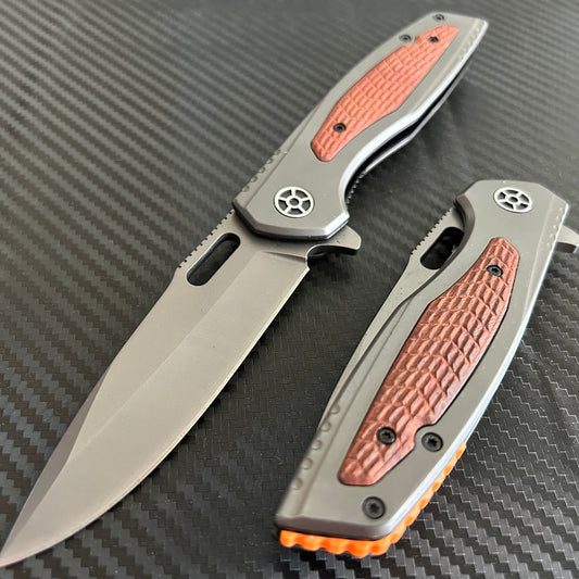 ElitEdge 8.5” Wood Military Tactical Cool Knife Ball Bearing Open Blade Folding Pocket knife. Hunting, Camping, Cute Knife. Cool Knives
