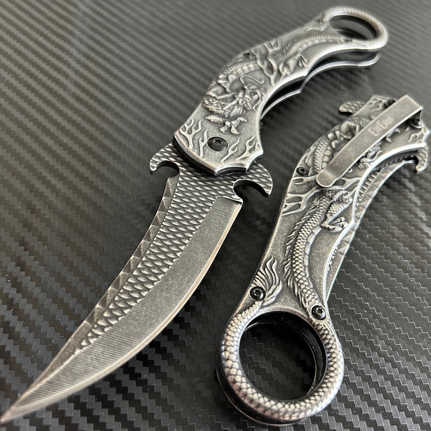 ElitEdge Black Dragon Sculpture 9” Karambit Tactical Spring Assisted Folding Pocket Knife. Hunting, Camping, Cute Knife. Cool Knife