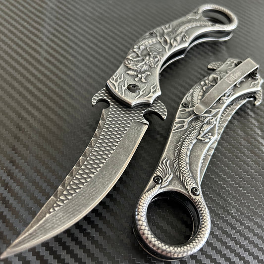 ElitEdge Black Dragon Sculpture 9” Karambit Tactical Spring Assisted Folding Pocket Knife. Hunting, Camping, Cute Knife. Cool Knife