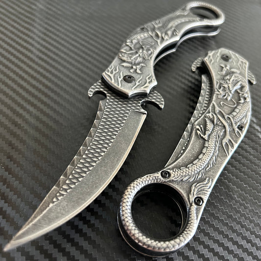 ElitEdge Black Dragon Sculpture 9” Karambit Tactical Spring Assisted Folding Pocket Knife. Hunting, Camping, Cute Knife. Cool Knife
