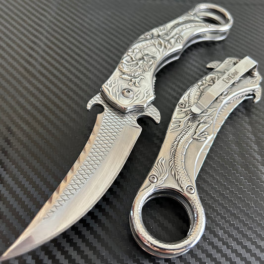 ElitEdge 9” Silver Dragon Cute Karambit Spring Assisted Open Folding Pocket Knife. Tactical Hunting Camping Cool Knife