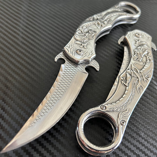 ElitEdge 9” Silver Dragon Cute Karambit Spring Assisted Open Folding Pocket Knife. Tactical Hunting Camping Cool Knife