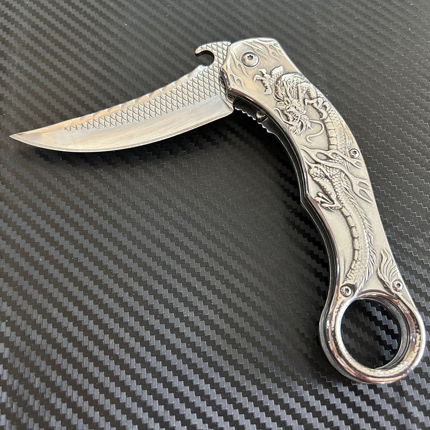 ElitEdge 9” Silver Dragon Cute Karambit Spring Assisted Open Folding Pocket Knife. Tactical Hunting Camping Cool Knife