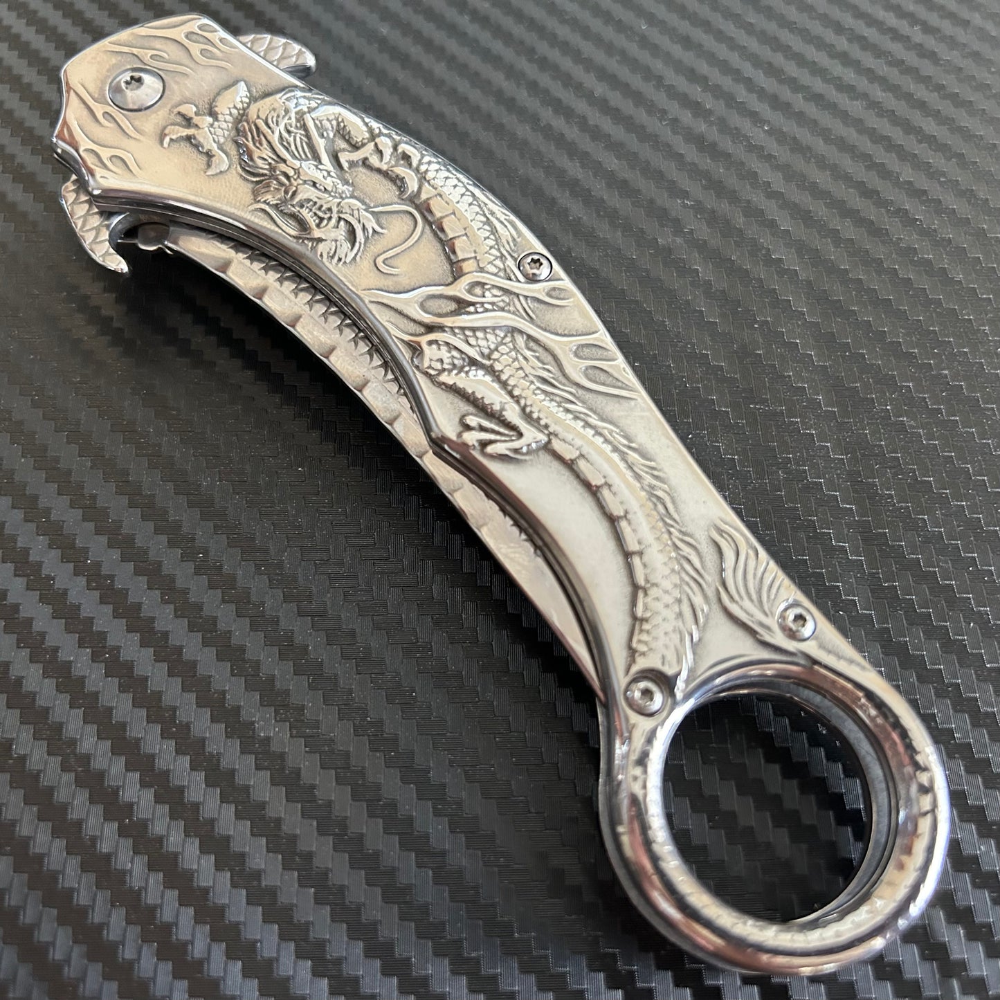 ElitEdge 9” Silver Dragon Cute Karambit Spring Assisted Open Folding Pocket Knife. Tactical Hunting Camping Cool Knife