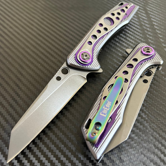 ElitEdge 8” Purple Titanium Color Coated Spring Assisted Open Folding Pocket Knife. Cool Knife. Cute Knife. Gift Knife