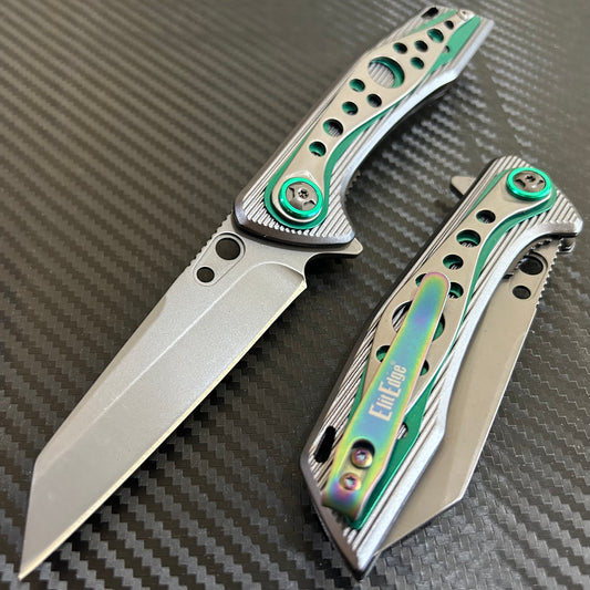 ElitEdge 8” Green Titanium Color Coated Spring Assisted Open Folding Pocket Knife. Cool Knife. Cute Knife. Gift Knife