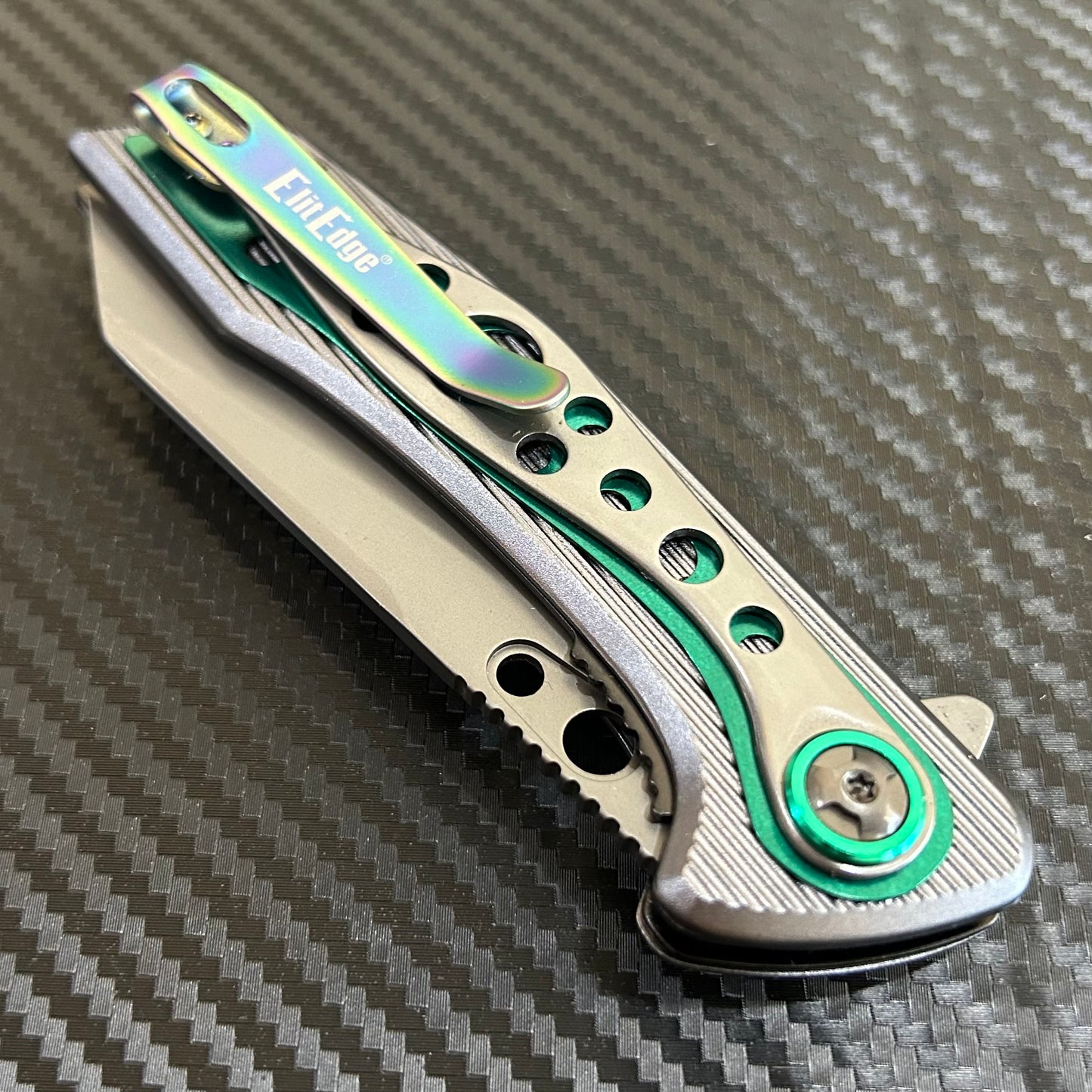 ElitEdge 8” Green Titanium Color Coated Spring Assisted Open Folding Pocket Knife. Cool Knife. Cute Knife. Gift Knife