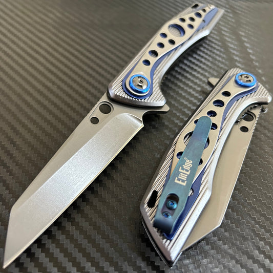 ElitEdge 8” Blue Titanium Color Coated Spring Assisted Open Folding Pocket Knife. Cool Knife. Cute Knife. Gift Knife