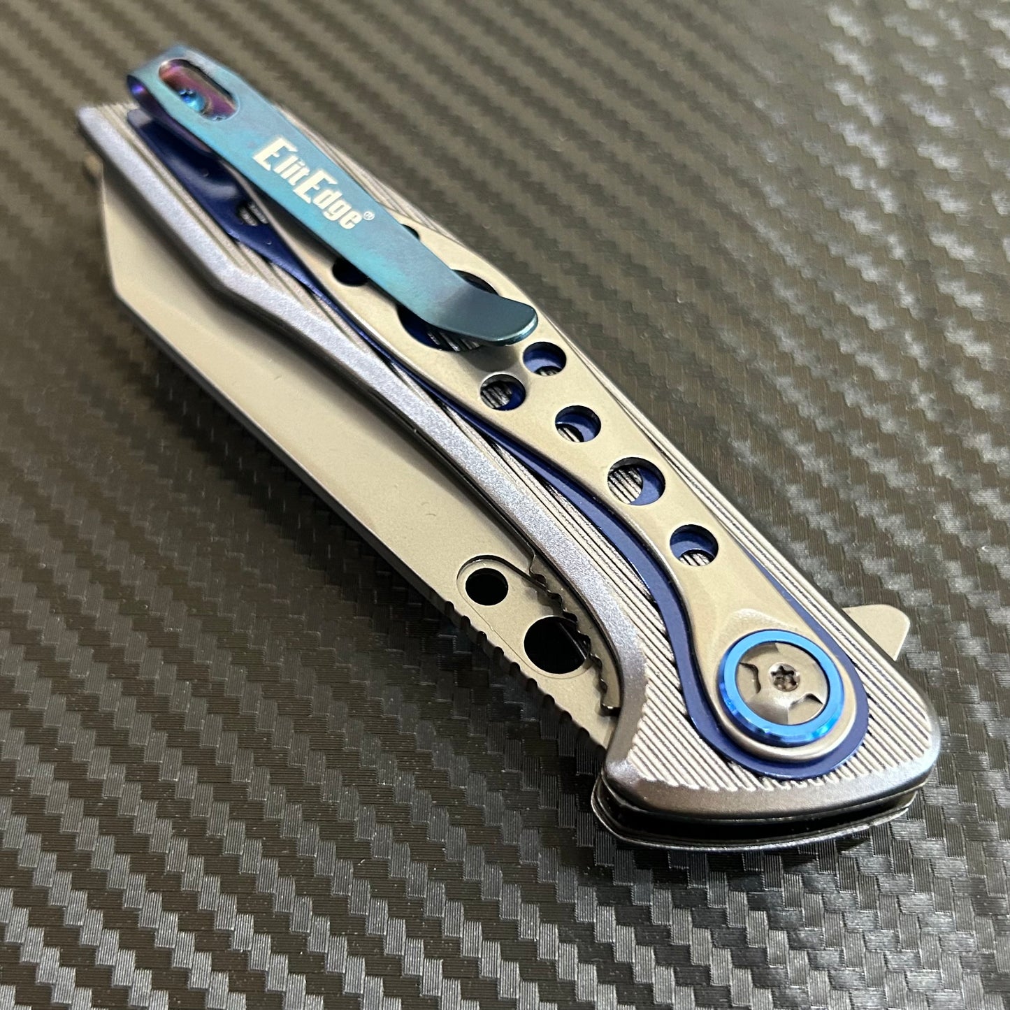 ElitEdge 8” Blue Titanium Color Coated Spring Assisted Open Folding Pocket Knife. Cool Knife. Cute Knife. Gift Knife