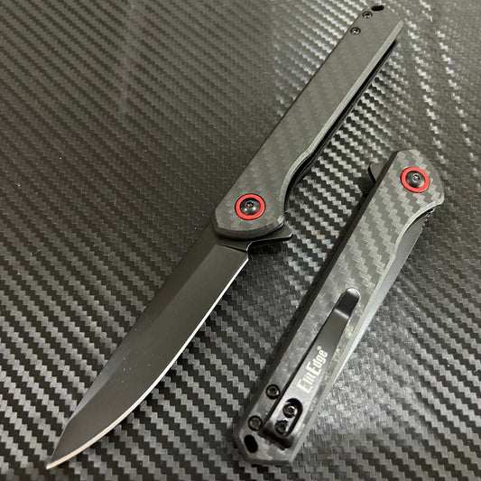 ElitEdge 8.75” Black Red Carbon Fiber Cute Ball Bearing Open Blade Folding Pocket Knife. Hunting, Camping, Cute Knife. Cool Knife