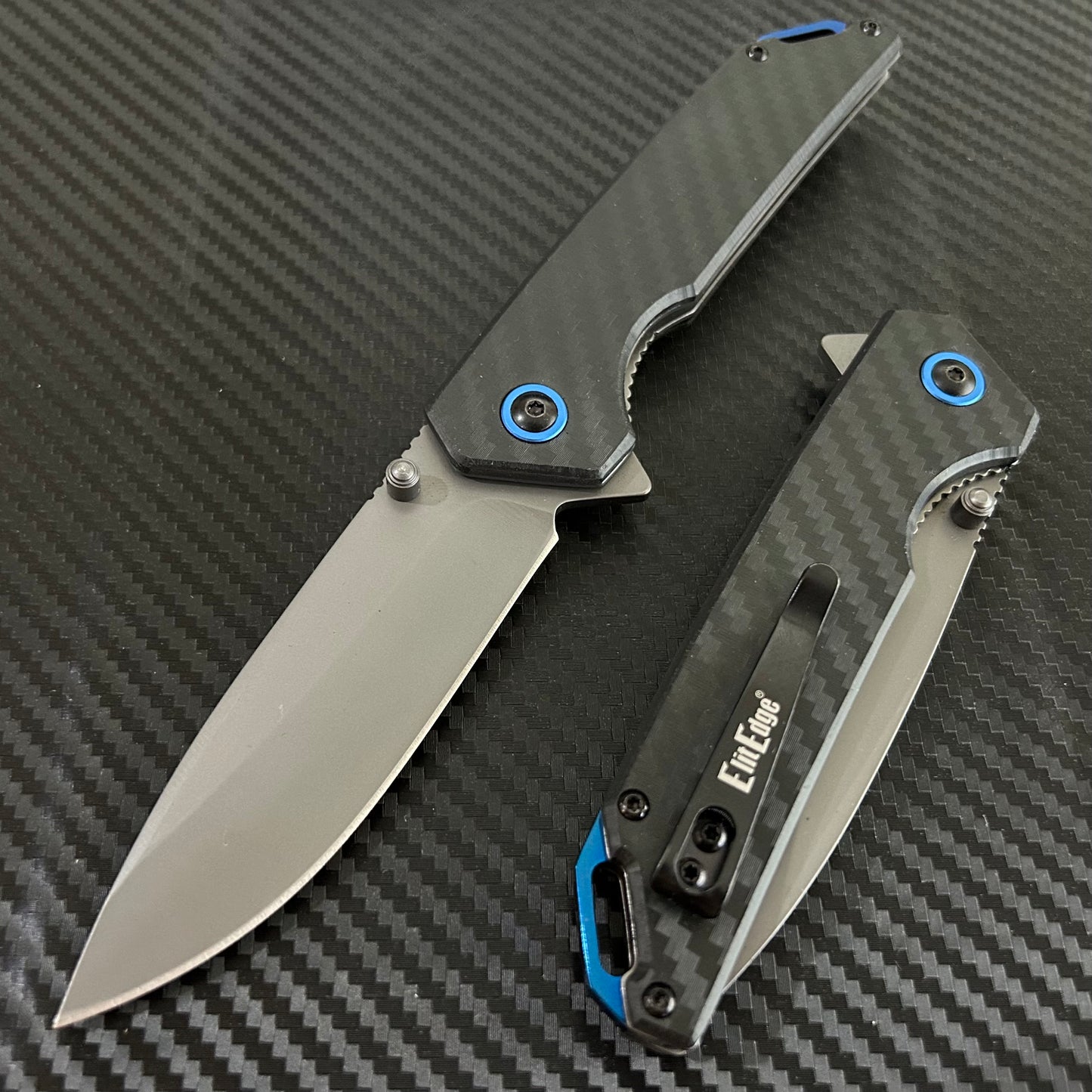 ElitEdge 8.75” Blue Black Carbon Fiber Cute Ball Bearing Open Blade Folding Pocket Knife. Hunting, Camping, Cute Knife. Cool Knife