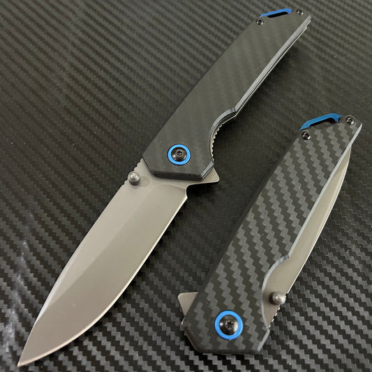 ElitEdge 8.75” Blue Black Carbon Fiber Cute Ball Bearing Open Blade Folding Pocket Knife. Hunting, Camping, Cute Knife. Cool Knife