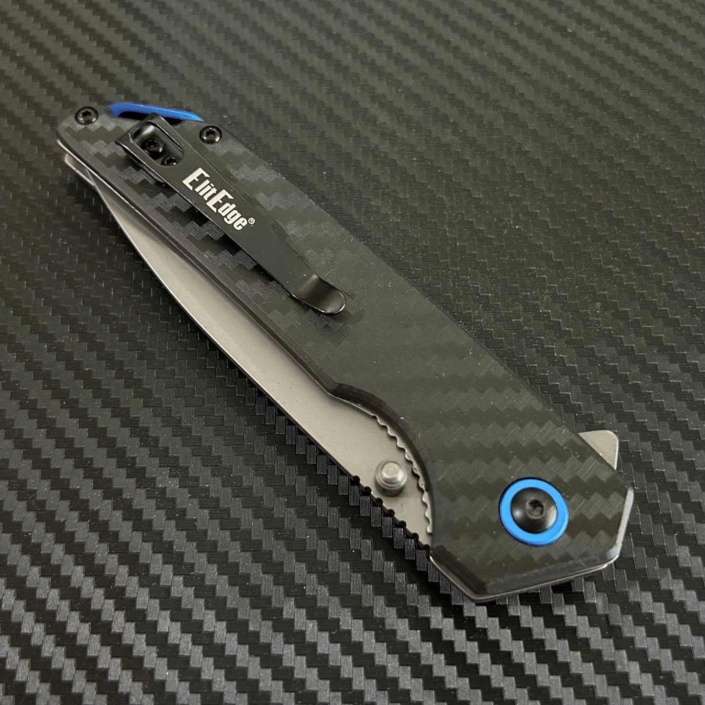 ElitEdge 8.75” Blue Black Carbon Fiber Cute Ball Bearing Open Blade Folding Pocket Knife. Hunting, Camping, Cute Knife. Cool Knife