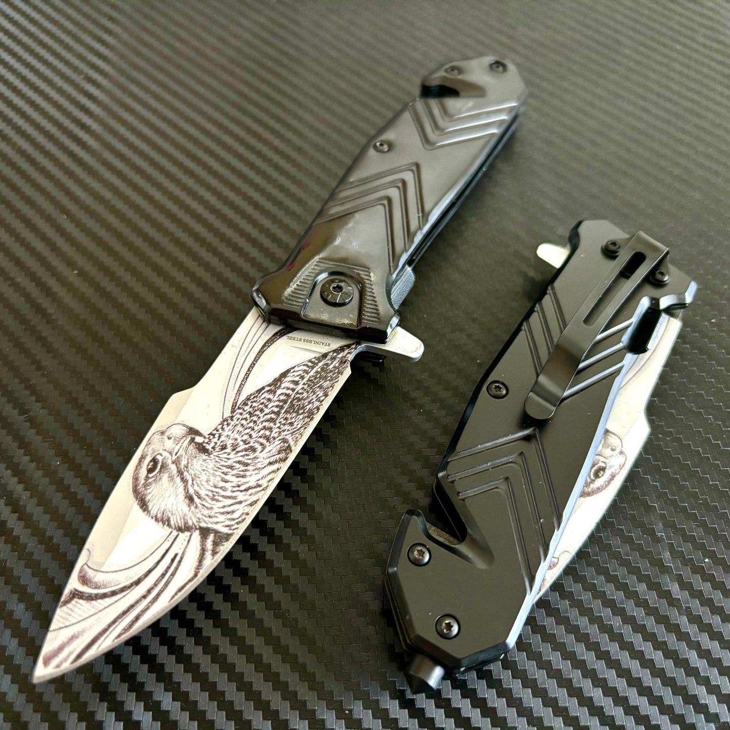 Super Knife 9” Black Eagle Engraved Metal Handle,Cute Knife,Spring Assisted Open Blade Folding Pocket Knife, Cool Knife