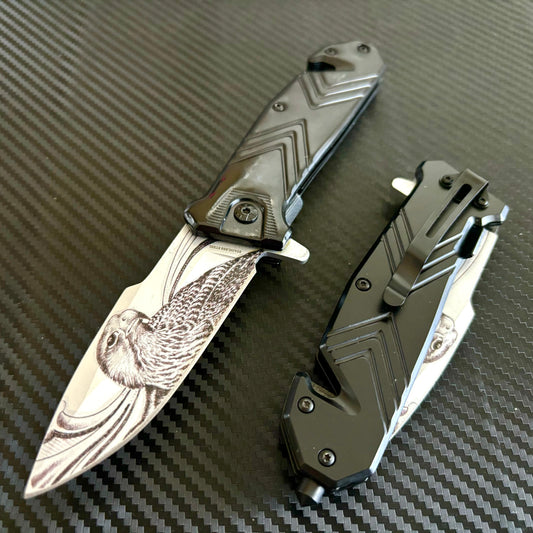 Super Knife 9” Black Eagle Engraved Metal Handle,Cute Knife,Spring Assisted Open Blade Folding Pocket Knife, Cool Knife