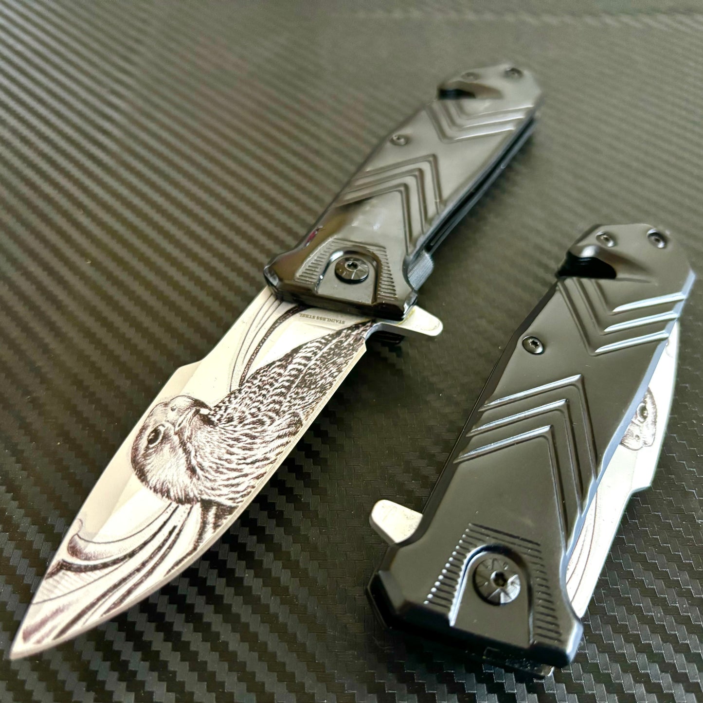 Super Knife 9” Black Eagle Engraved Metal Handle,Cute Knife,Spring Assisted Open Blade Folding Pocket Knife, Cool Knife