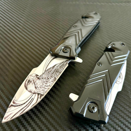 Super Knife 9” Black Eagle Engraved Metal Handle,Cute Knife,Spring Assisted Open Blade Folding Pocket Knife, Cool Knife